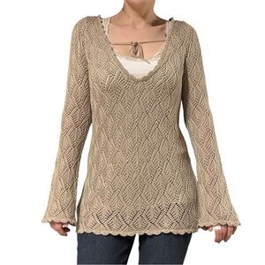 Cotton Emporium | Tan Open Knit Tie Neckline Flared Sleeve Scallop Trim Sweater